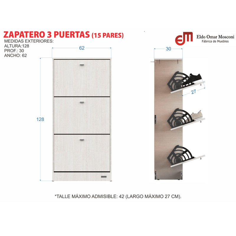 ZAPATERO MOSCONI 3 PUERTAS BLANCO MELAMINA (56510)-98658 - Previsora del  Paraná