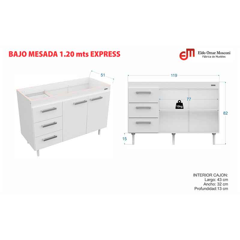 Mueble Cocina Mosconi 1,20m Organizador Melamina Blanco