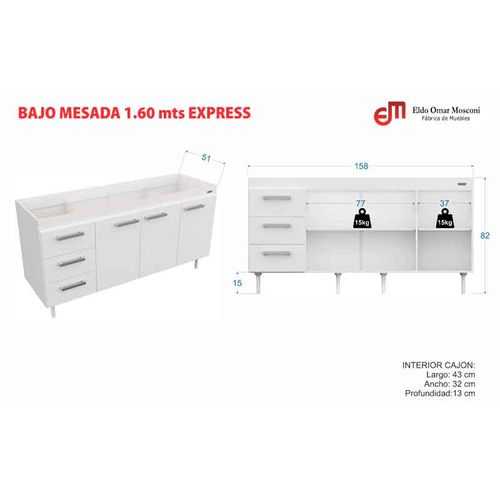 BAJO MESADA E-MOSCONI S/ BACHA 1.60m TONO BLANCO/CHOCOLATE 10137