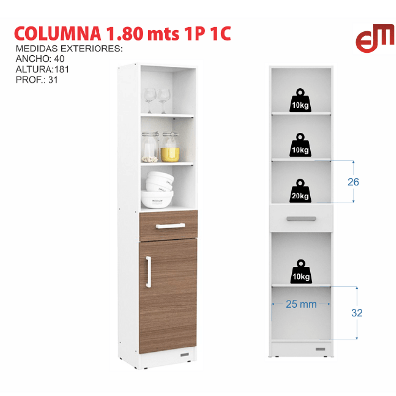 Despensero Organizador 1 Puerta 1.80 MTS. Mueble de Cocina Carvalho Mezzo  frente Blanco