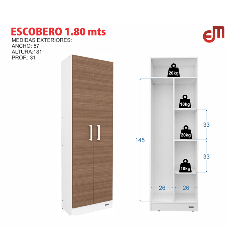 ARMARIO ESCOBERO MOSCONI 1.80M 2 PUERTAS