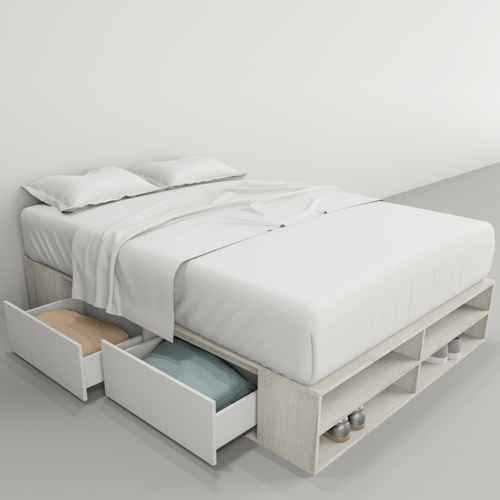 CAMA-BOX E-TABLES SOMMIER 1.40m CON CAJONES Y ESTANTES TONO NEVADO-EVEREST 6442-NCE