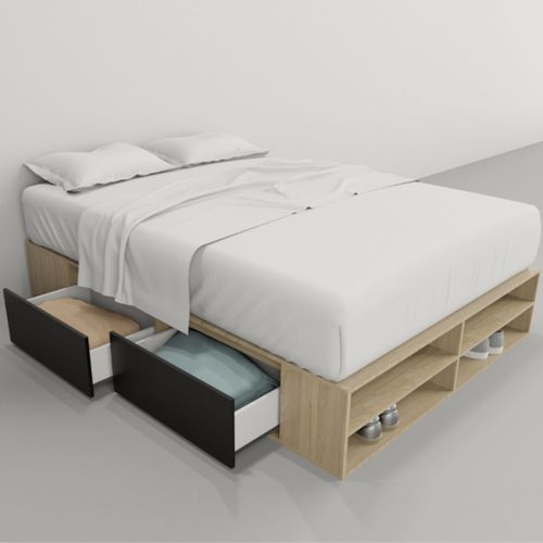 CAMA-BOX E-TABLES SOMMIER 1.40m CON CAJONES Y ESTANTES TONO OLMO F.-NEGRO 6442-CON