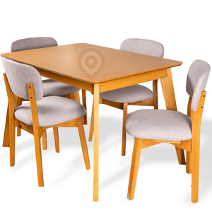 JGO. DE COMEDOR E-PERGAMINO MESA HEDDA 1.20 ROBLE LERIEX + 4 SILLAS EYRA TELA GRIS CLARO