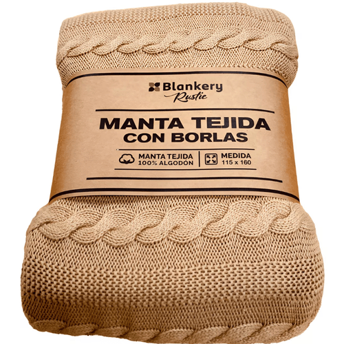 MANTA BLANKERY TEJIDA RUSTIC C/BORLAS BEIGE BH074 - 001