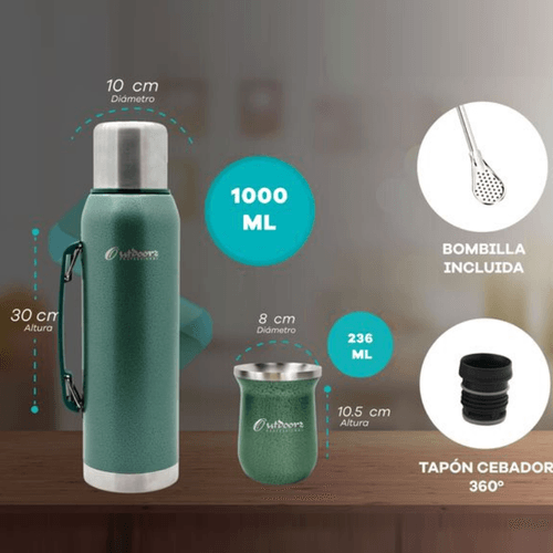 TERMO OUTDOORS VERDE 1 LT + MATE Y BOMBILLA