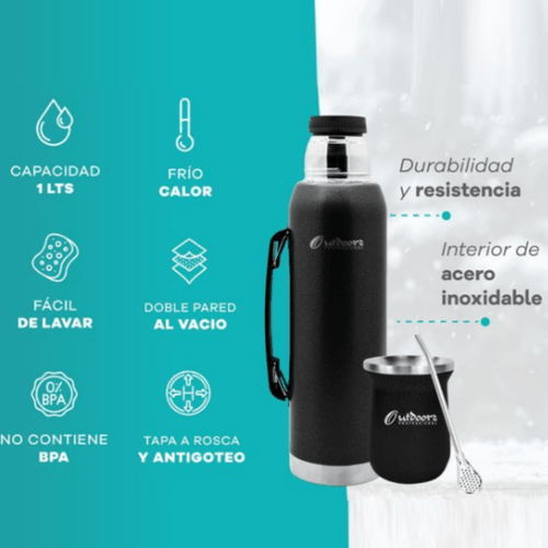 TERMO OUTDOORS NEGRO 1 LT + MATE Y BOMBILLA