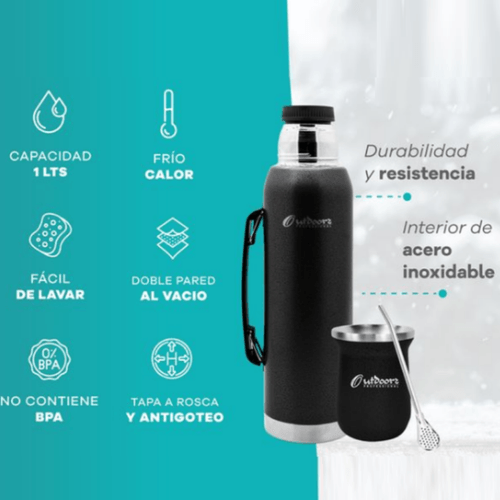 TERMO OUTDOORS AZUL MARINO 1 LT + MATE Y BOMBILLA