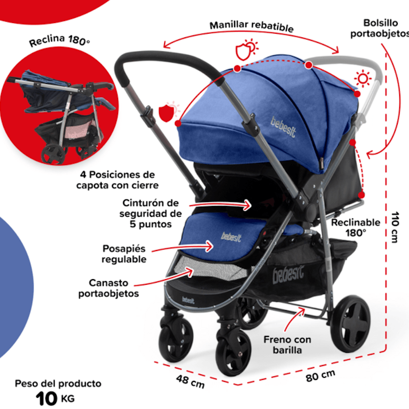 Cochecito de Paseo Rebatible Azul 1390 SD 3