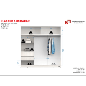 Placard E-Mosconi Dakar Puertas Corredizas c/Baulera Tono Blanco 179x242x54Cm 56381